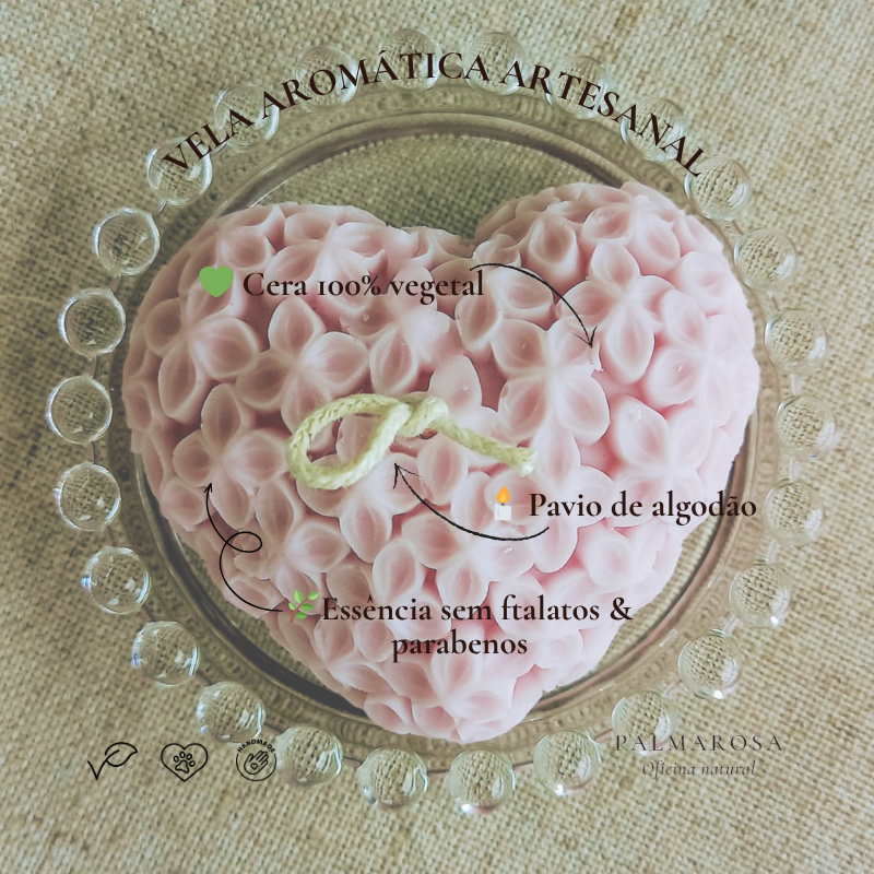 Velas Aromáticas Artesanais, em formato de coração e com informações sobre as principais características